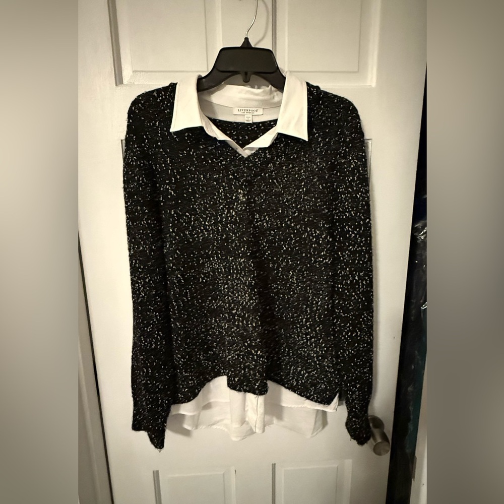 Liverpool LA Women’s Layered Look Collared Sweater Black White Size L